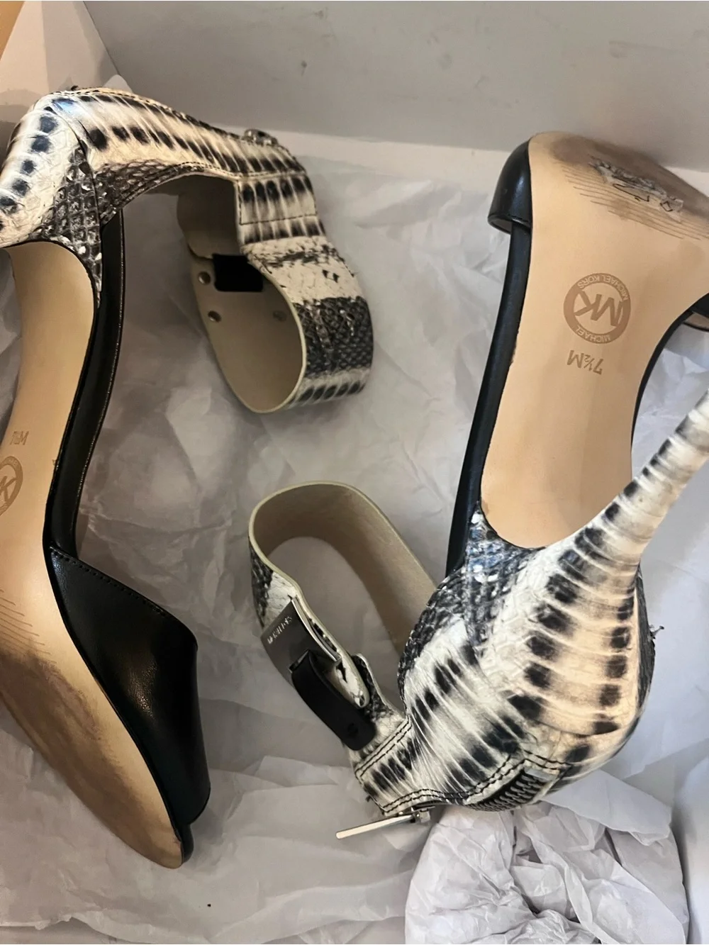 Michael Kors Black Leather Open-Toe Heels with Snakeskin-Ankle Strap